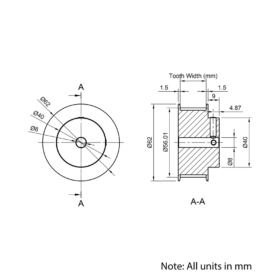 Technical Drawing Of Timing Belt Pulley - HTD - 5M - 36 Teeth - 15mm Belt - 8mm Bore