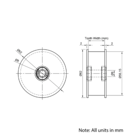 Technical Drawing Of Timing Belt Smooth Idler - HTD - 5M - 36 Teeth - 25mm Belt - 8mm Bore