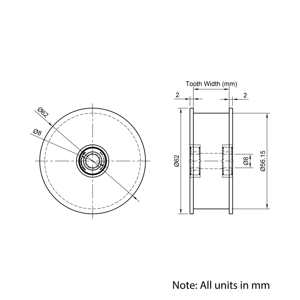 Technical Drawing Of Timing Belt Smooth Idler - HTD - 5M - 36 Teeth - 25mm Belt - 8mm Bore