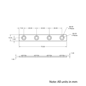 Technical Drawing Of Inner Link Connector - Profile - 4 Hole - With Fixings