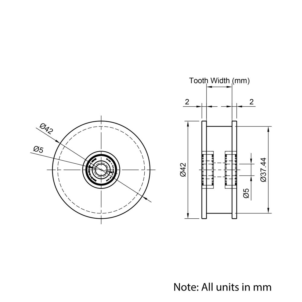 Technical Drawing Of Timing Belt Smooth Idler - GT - 3MR - 40 Teeth - 10mm Belt - 5mm Bore