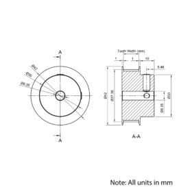 Technical Drawing Of Timing Belt Pulley - GT - 3MR - 40 Teeth - 15mm Belt - 1/4 Bore