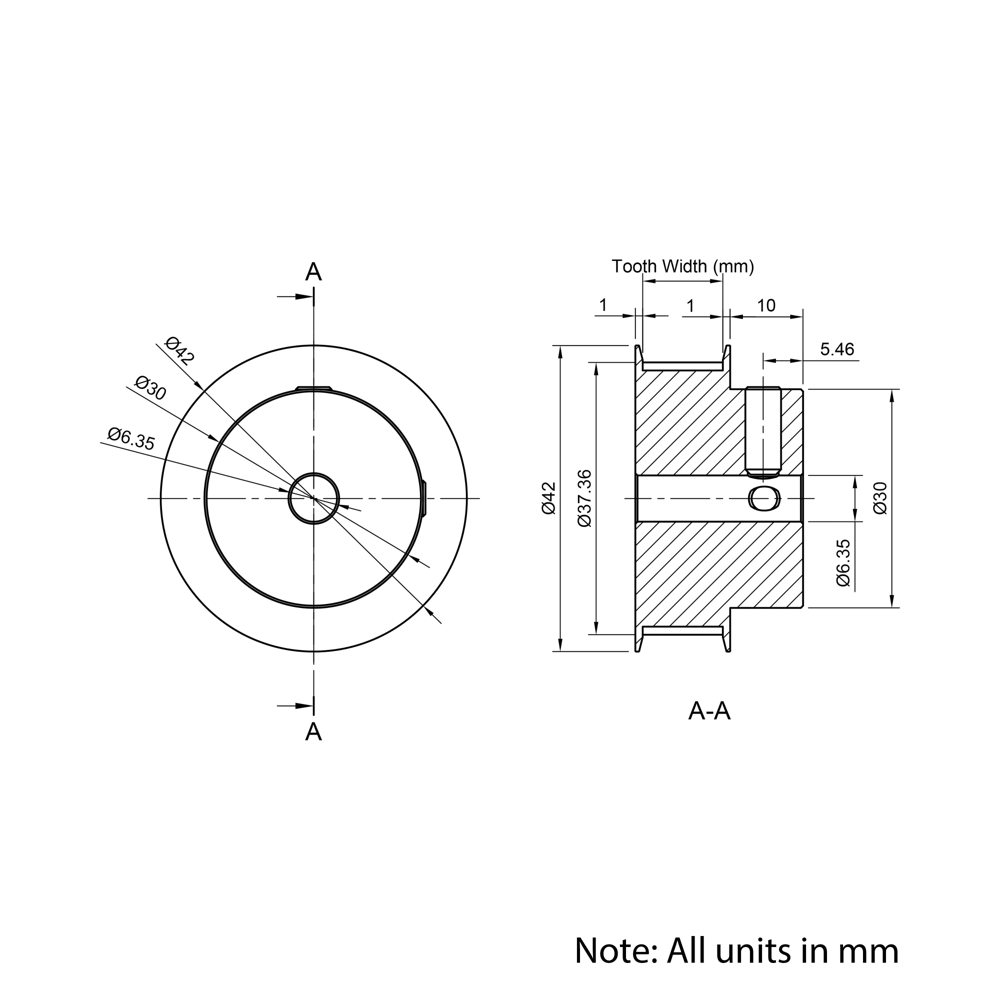 Technical Drawing Of Timing Belt Pulley - GT - 3MR - 40 Teeth - 6mm Belt - 1/4 Bore