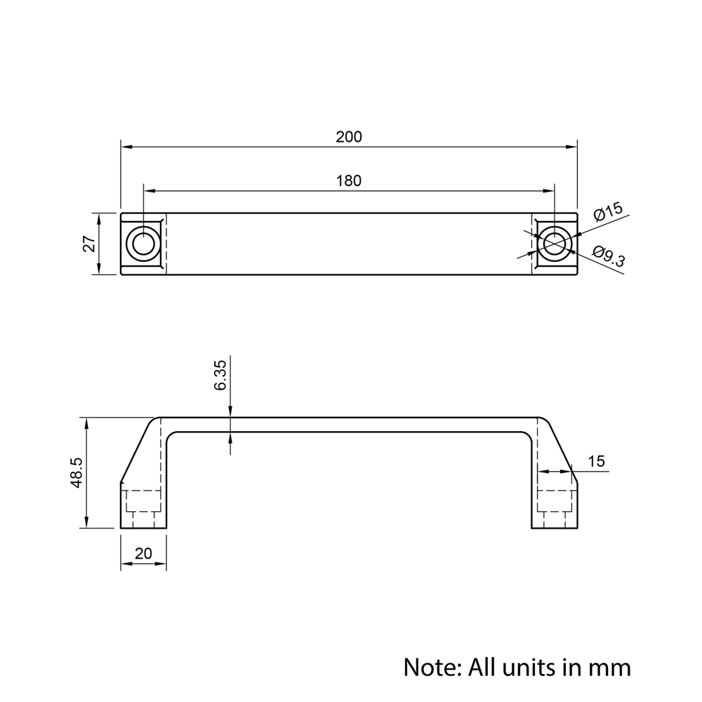Technical Drawing Of Aluminium Handle - 40 & 45 Series
