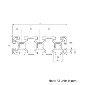 Technical Drawing Of Aluminium Extrusion Profile - T-Slot - 40x120mm - Silver - Cut to Size