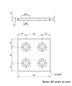 Technical Drawing Of Aluminium End Cap - 20 Series - 40x40 - With Fixings