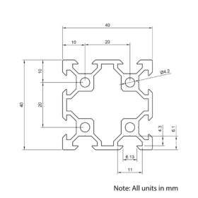 Technical Drawing Of Aluminium Extrusion Profile - T/V-Slot - 20 Series - 40x40mm - Silver - Cut to Size