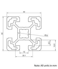 Technical Drawing Of Aluminium Extrusion Profile - T-Slot - 40x40mm - Silver - Cut to Size