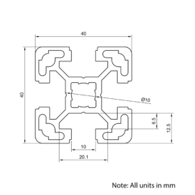 Technical Drawing Of Aluminium Extrusion Profile - T-Slot - 40x40mm - Silver - Cut to Size