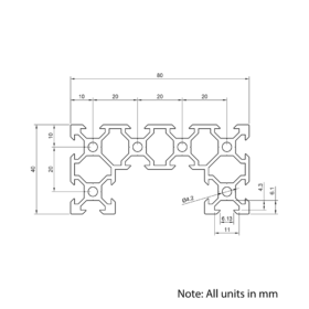 Technical Drawing Of Aluminium Extrusion Profile - T/V-Slot - 20 Series - 40x80mm (C-Beam) - Silver - Cut to Size
