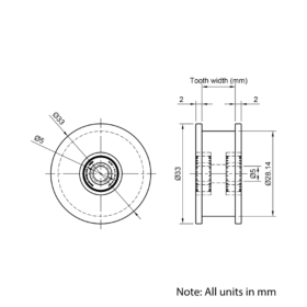 Technical Drawing Of Timing Belt Smooth Idler - GT - 2MR - 45 Teeth - 10mm Belt - 5mm Bore