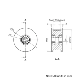 Technical Drawing Of Timing Belt Toothed Idler - GT - 2MR - 45 Teeth - 15mm Belt - 5mm Bore