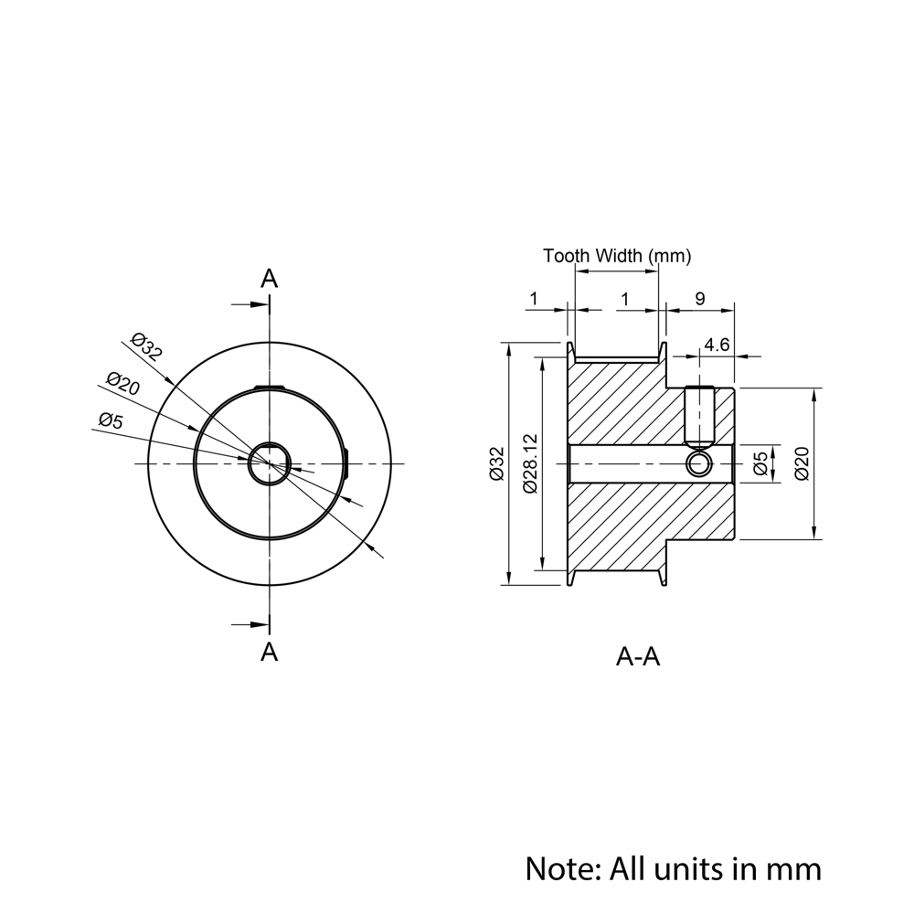 Technical Drawing Of Timing Belt Pulley - GT - 2MR - 45 Teeth - 6mm Belt - 5mm Bore