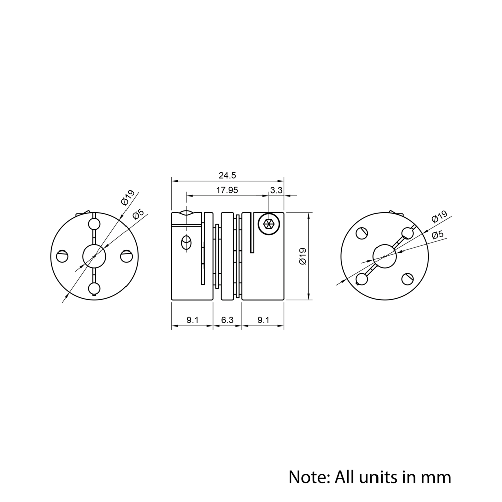 Technical Drawing Of Disc Flexible Shaft Coupling - 5mm - 5mm