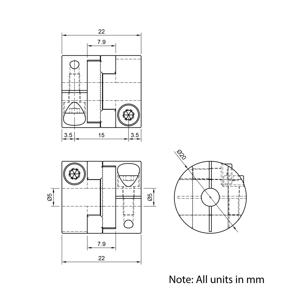 Technical Drawing Of Oldham Flexible Shaft Coupling - 5mm - 5mm