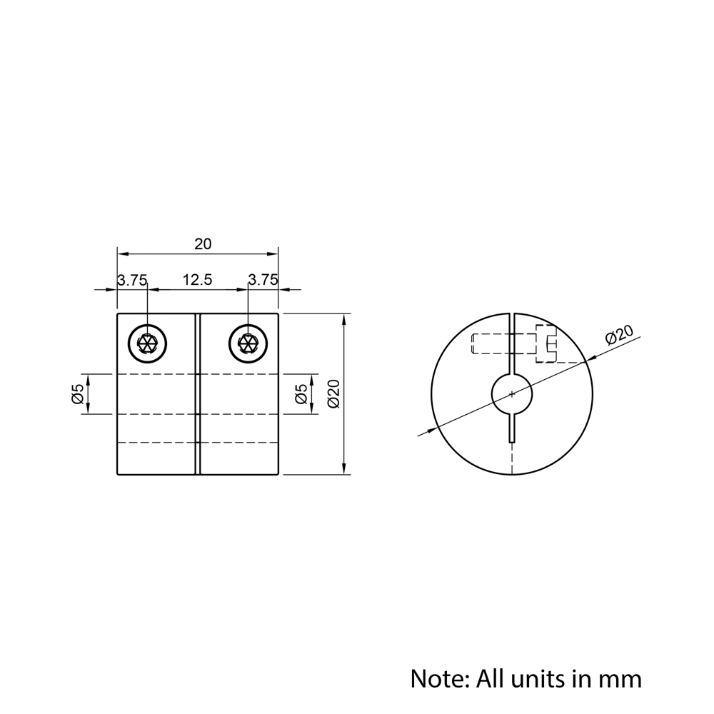 Technical Drawing Of Rigid Shaft Coupling - 5mm - 5mm