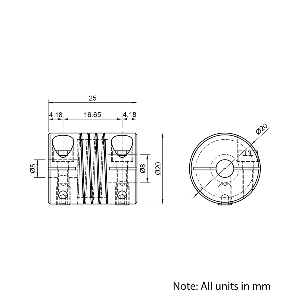 Technical Drawing Of Helical Beam Flexible Shaft Coupling - 5mm - 8mm