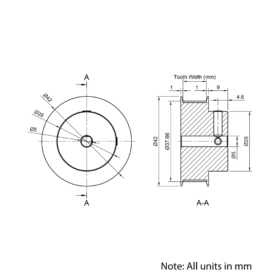 Technical Drawing Of Timing Belt Pulley - GT - 2MR - 60 Teeth - 10mm Belt - 5mm Bore