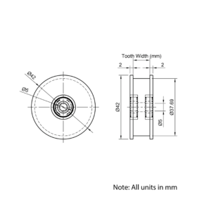 Technical Drawing Of Timing Belt Smooth Idler - GT - 2MR - 60 Teeth - 10mm Belt - 5mm Bore