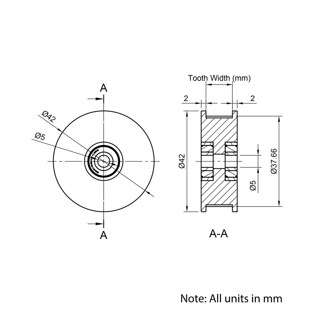 Technical Drawing Of Timing Belt Toothed Idler - GT - 2MR - 60 Teeth - 15mm Belt - 5mm Bore