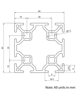 Technical Drawing Of Aluminium Extrusion Profile - T-Slot - 60x60mm - Silver - Cut to Size