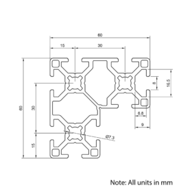 Technical Drawing Of Aluminium Extrusion Profile - T-Slot - 60x60mm (L-Beam) - Silver - Cut to Size