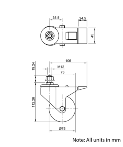 Technical Drawing Of Castor - Stud - Swivel - 75mm - Brake