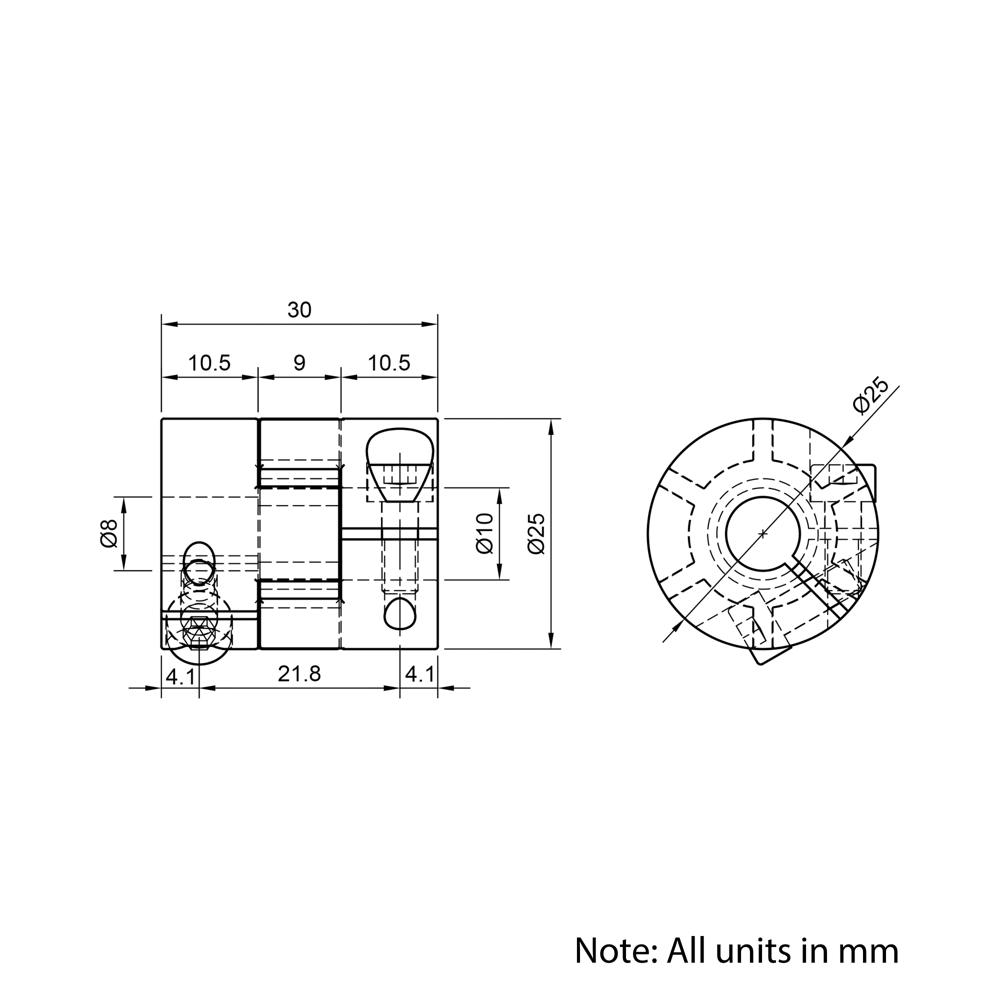 Technical Drawing Of Curved Jaw Flexible Shaft Coupling - 8mm - 10mm