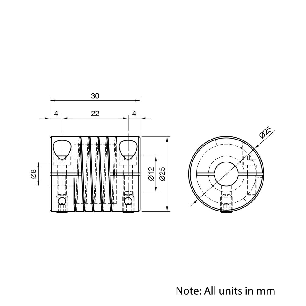 Technical Drawing Of Helical Beam Flexible Shaft Coupling - 8mm - 12mm