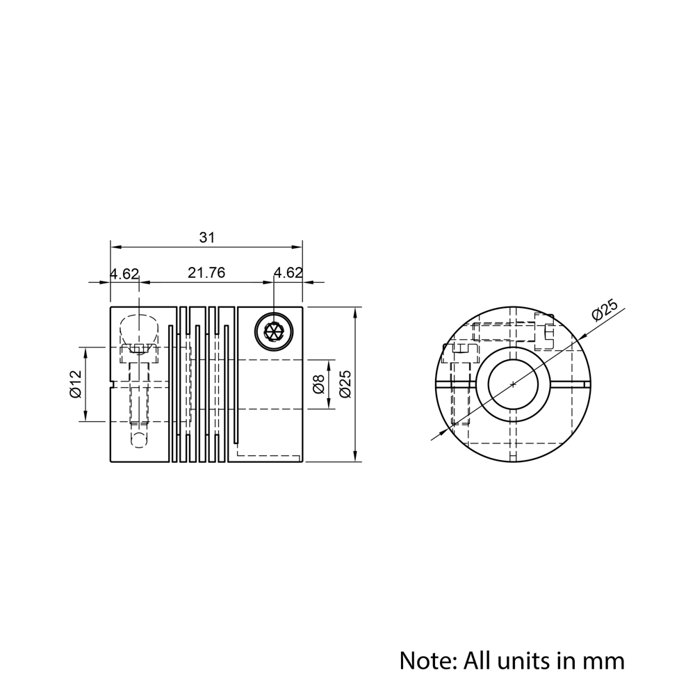 Technical Drawing Of Slit Beam Flexible Shaft Coupling - 8mm - 12mm