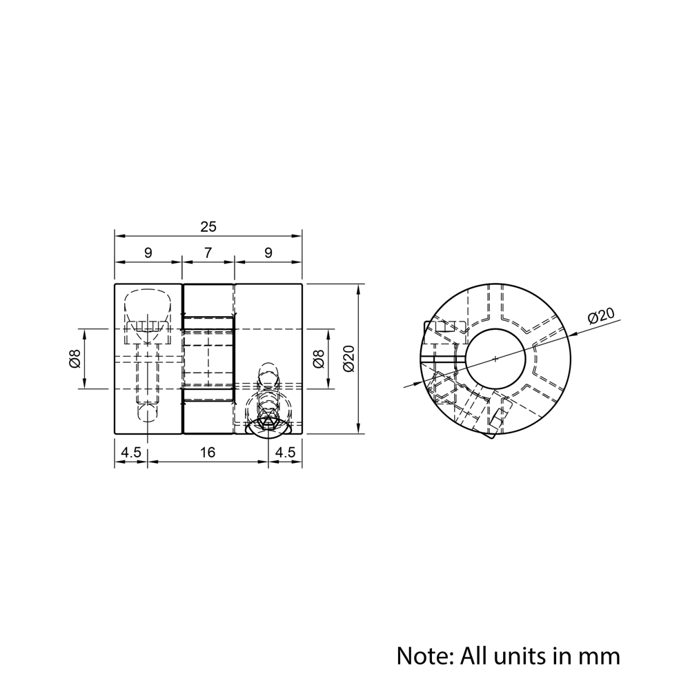 Technical Drawing Of Curved Jaw Flexible Shaft Coupling - 8mm - 8mm