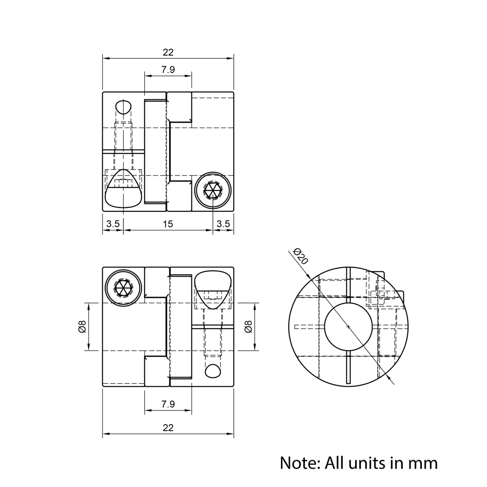 Technical Drawing Of Oldham Flexible Shaft Coupling - 8mm - 8mm