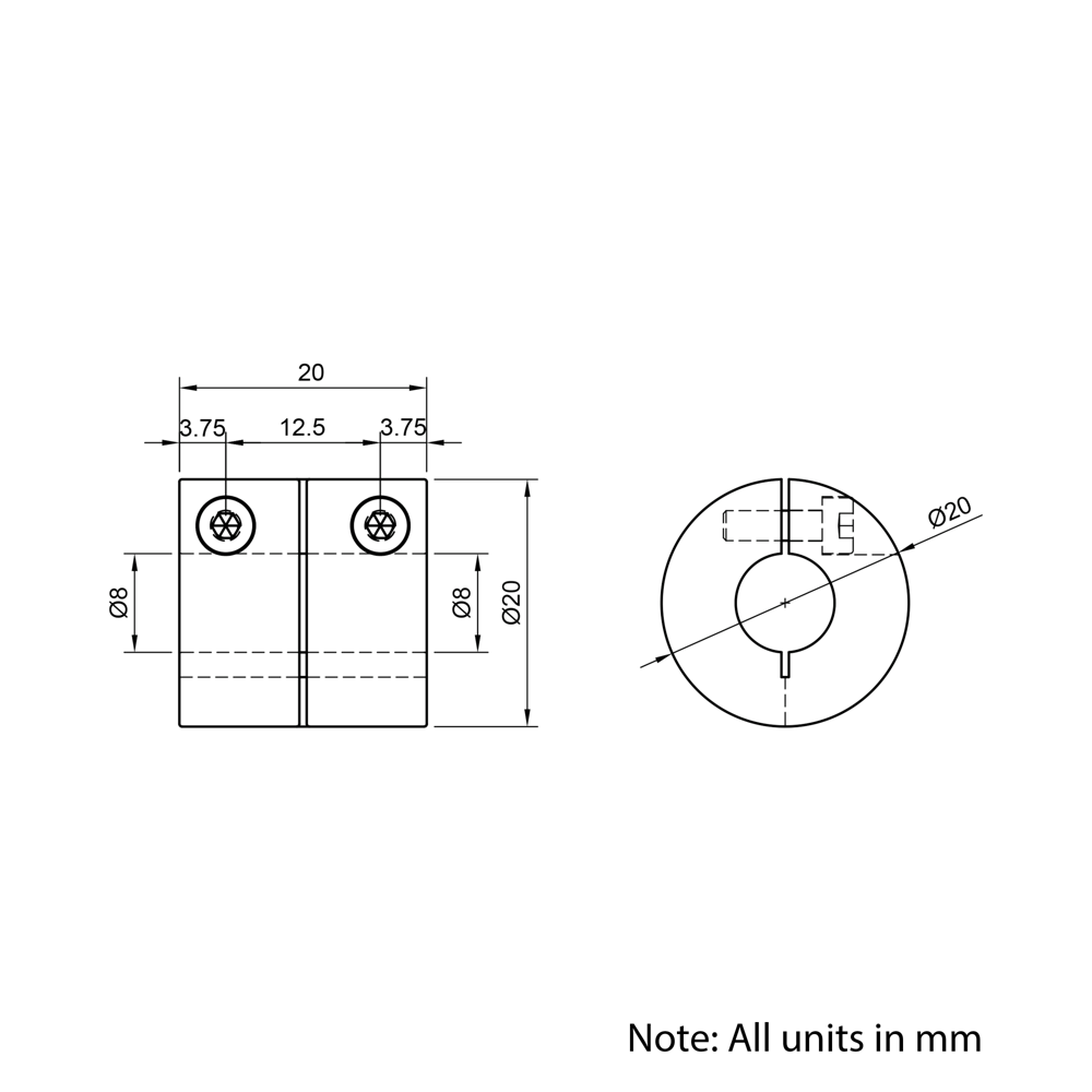 Technical Drawing Of Rigid Shaft Coupling - 8mm - 8mm