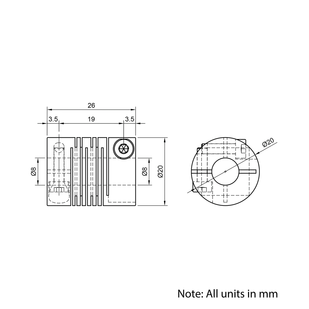Technical Drawing Of Slit Beam Flexible Shaft Coupling - 8mm - 8mm