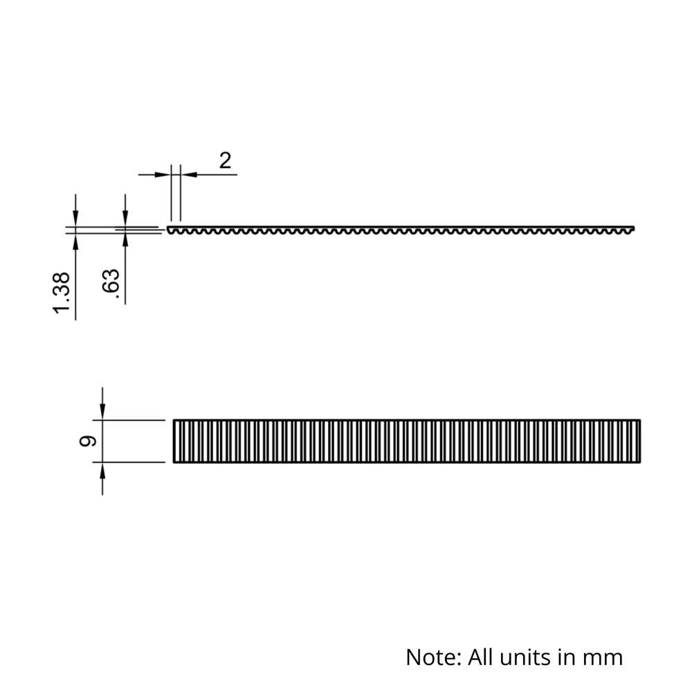 Technical Drawing Of Open Timing Belt - GT - 2MR - EPDM - 9mm - 1000mm