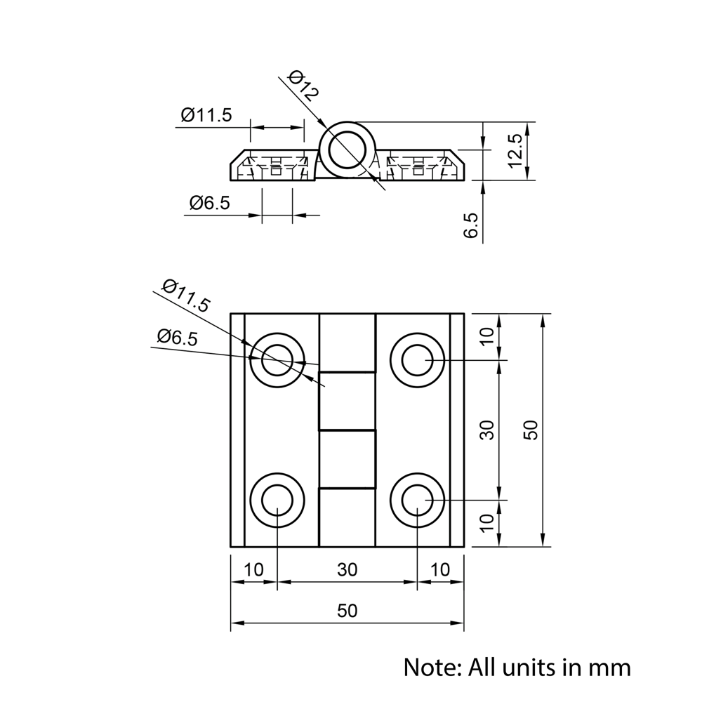 Technical Drawing Of Aluminium Hinge - 30 Series - Black