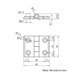 Technical Drawing Of Aluminium Hinge - 40 Series - Black