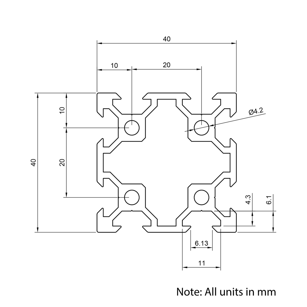 Technical Drawing Of Aluminium Extrusion Profile - T/V-Slot - 20 Series - 40x40mm - Black - Cut to Size