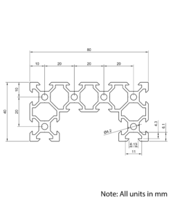 Technical Drawing Of Aluminium Extrusion Profile - T/V-Slot - 20 Series - 40x80mm (C-Beam) - Black - Cut to Size
