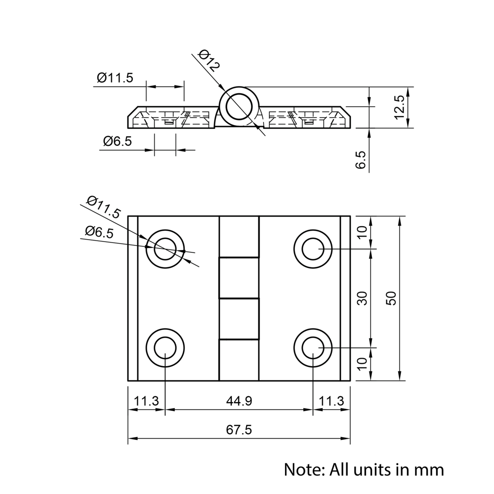 Technical Drawing Of Aluminium Hinge - 45 Series - Black