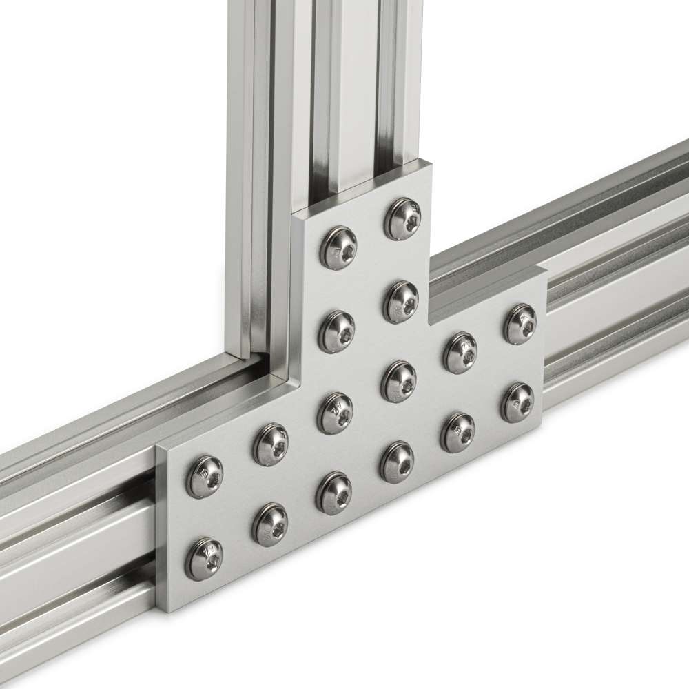 Plate Connector - T - Double Slot - 20 Series - Aluminium - Black - With Fixings Joining Aluminium Extrusion