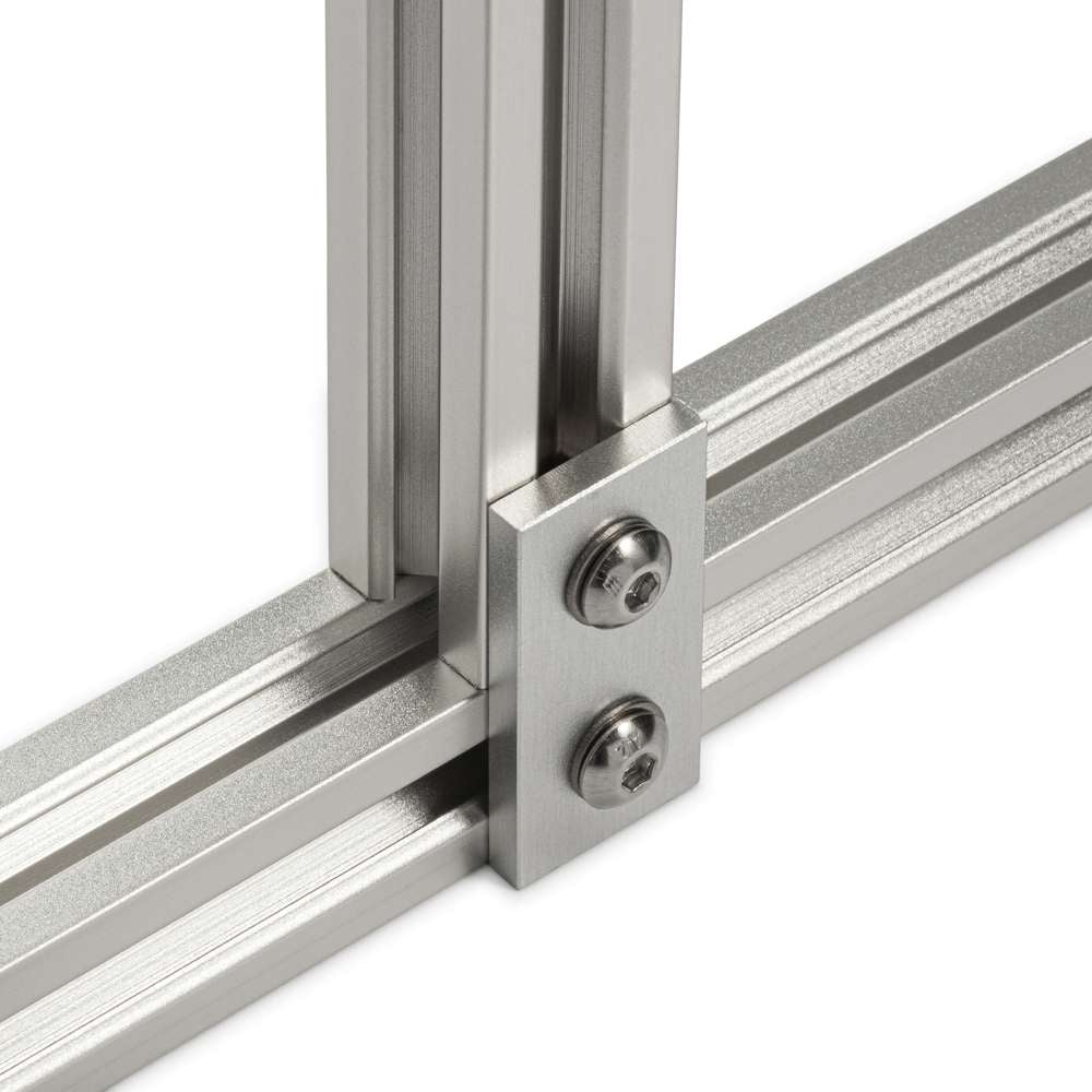Plate Connector - 2 Hole - Single Slot - 20 Series - Aluminium - Black - With Fixings Joining Aluminium Extrusion T