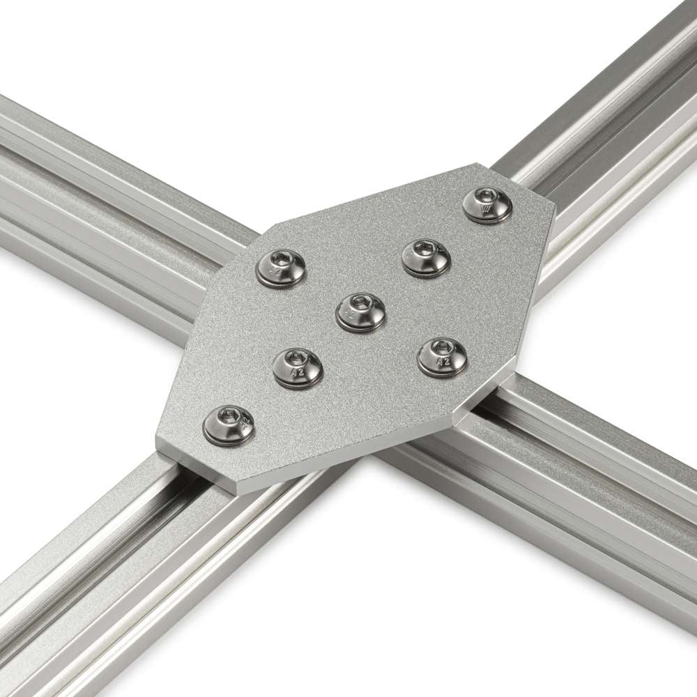 Plate Connector - Cross - Single Slot - 20 Series - Aluminium - Black - With Fixings Joining Aluminium Extrusion