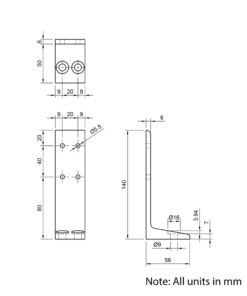 Technical Drawing Of Floor Bracket - 20 Series - Double Slot