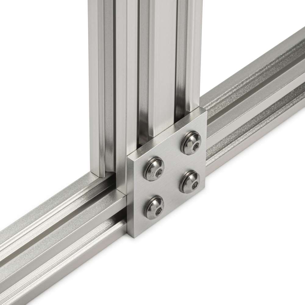 Plate Connector - 4 Hole - Double Slot - 30 Series - Aluminium - Silver - With Fixings Joining Aluminium Extrusion T