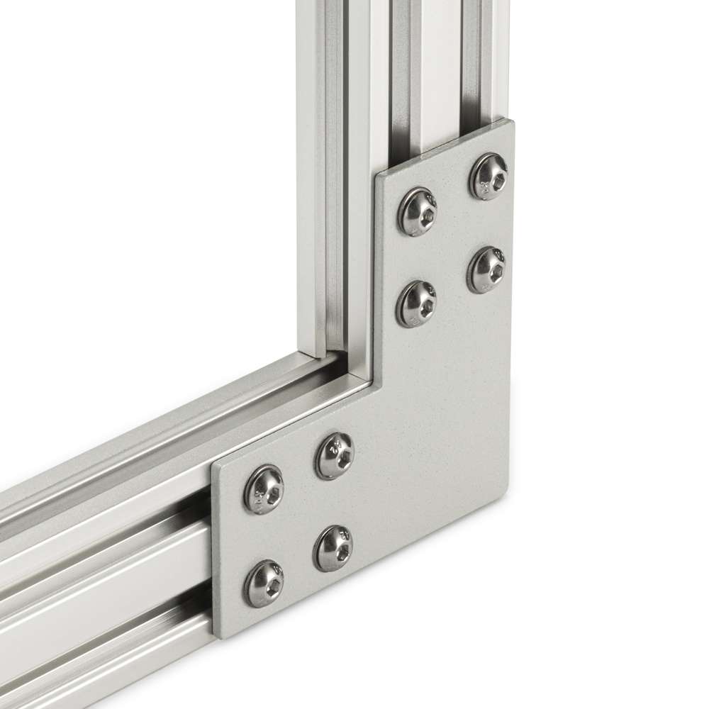 Plate Connector - 90 Degree - Double Slot - 30 Series - Steel - Grey - With Fixings Joining Aluminium Extrusion