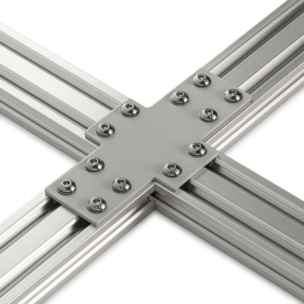 Plate Connector - Cross - Double Slot - 30 Series - Steel - Grey - With Fixings Joining Aluminium Extrusion