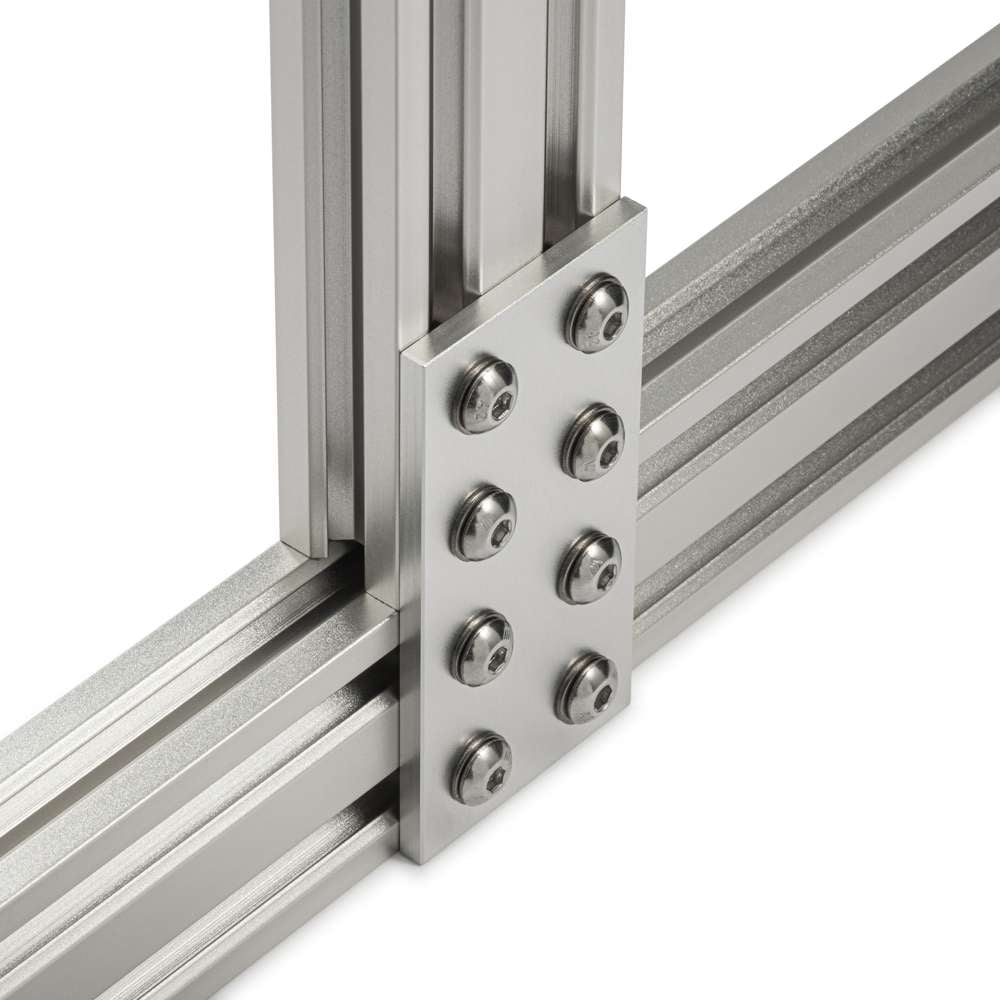 Plate Connector - 8 Hole - Double Slot - 45 Series - Aluminium - Silver - With Fixings Joining Aluminium Extrusion T