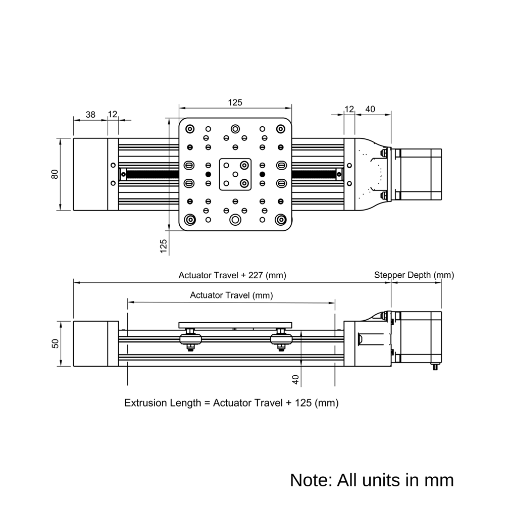 Technical Drawing Of C-Beam Screw Drive Actuator - 500mm - Silver - Gantry Plate - Extra Large