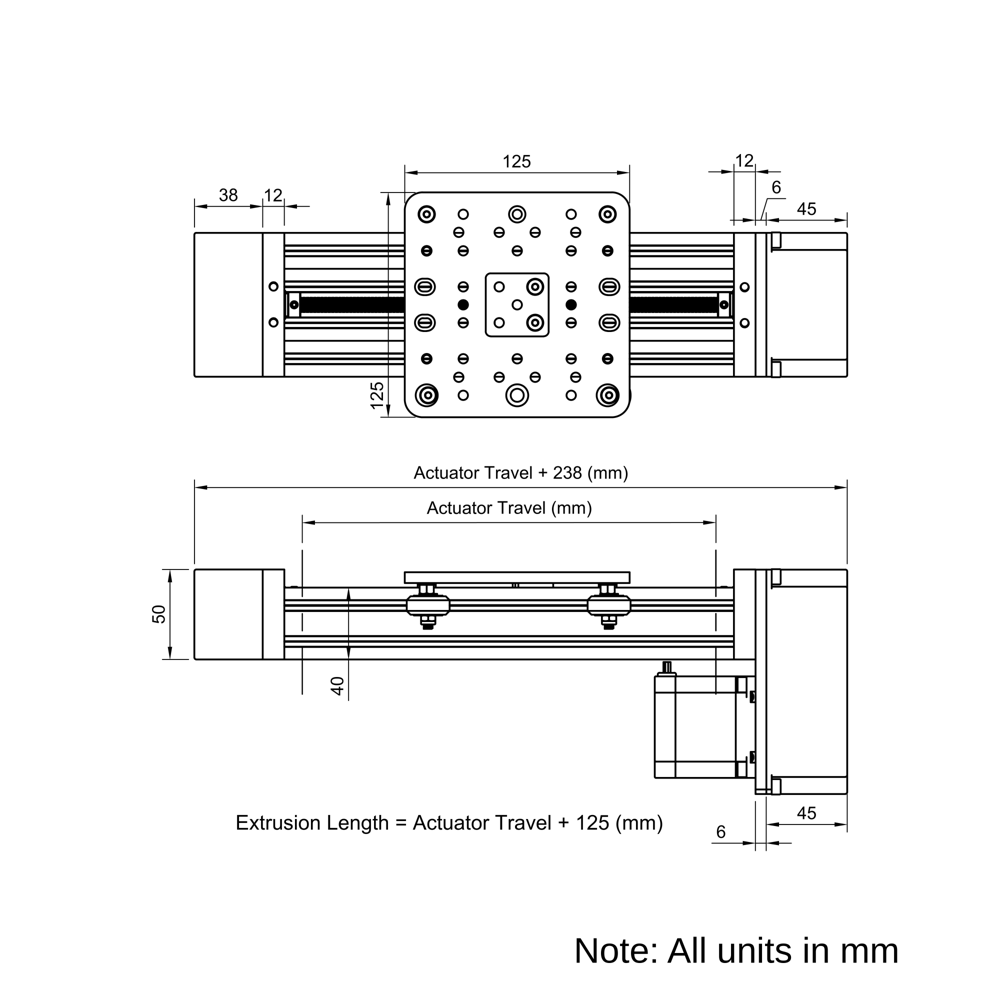 Technical Drawing Of C-Beam Screw Drive Actuator - Rear Mount - 1000mm - Black - Gantry Plate - Extra Large